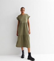 New Look Tall Khaki Frill Sleeve Tiered Midi Smock Dress